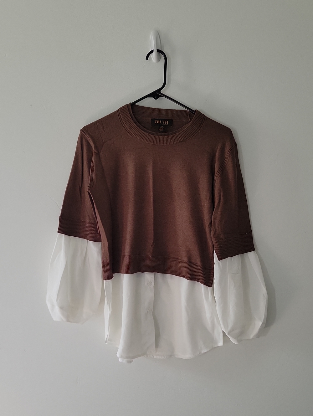 TRUTH Brown Knit Layered Top with White Shirt Hem